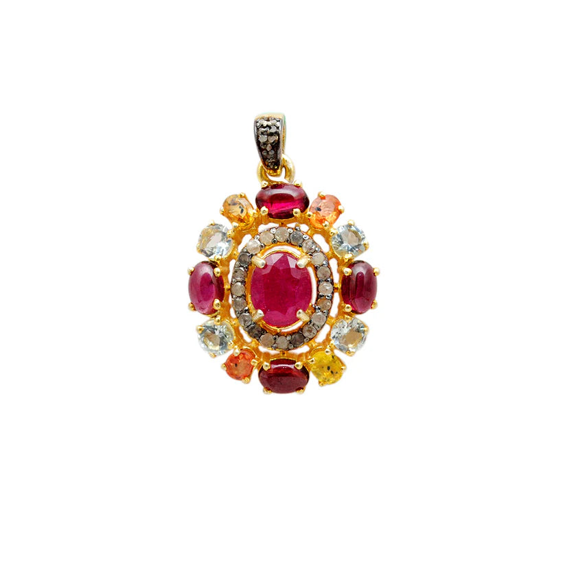 Elegant 925 sterling silver pendant featuring sparkling pave-set diamonds and an array of colorful multi-gemstones in a luxurious design