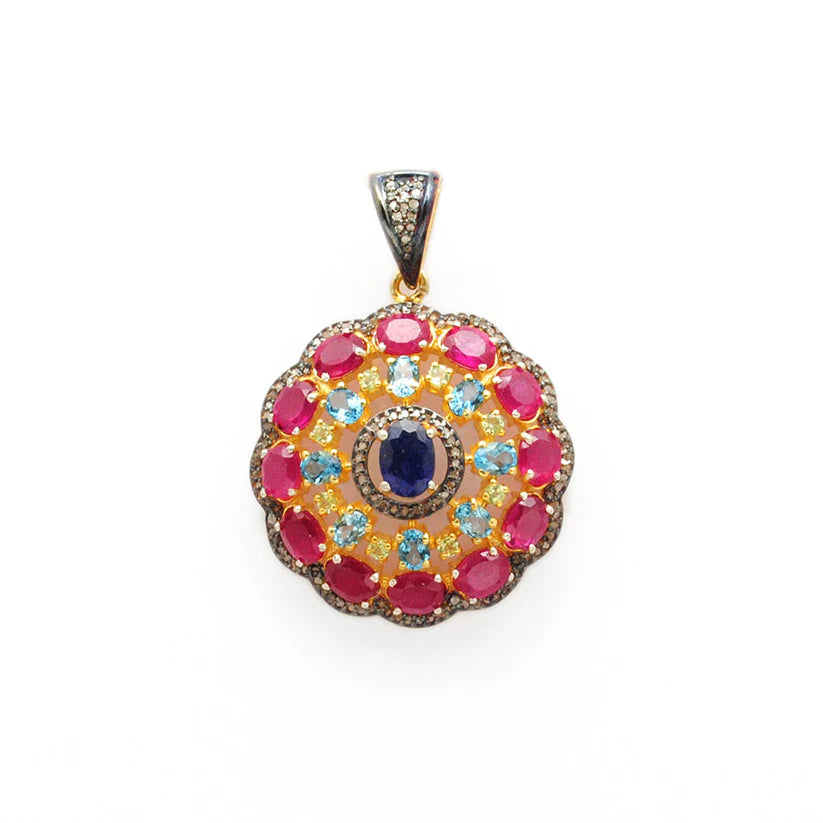925 sterling silver pendant with pave-set diamonds, featuring vibrant ruby, blue topaz, sapphire, and peridot gemstones in an elegant design