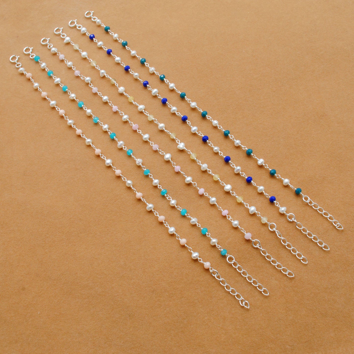 925 Silver Multi Chalcedony with Pearl Accent Beaded Bracelet