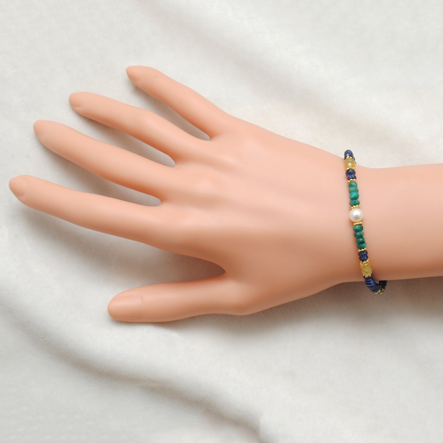 Emerald, Sapphire & Pearl Beaded Bracelet – Sterling Silver