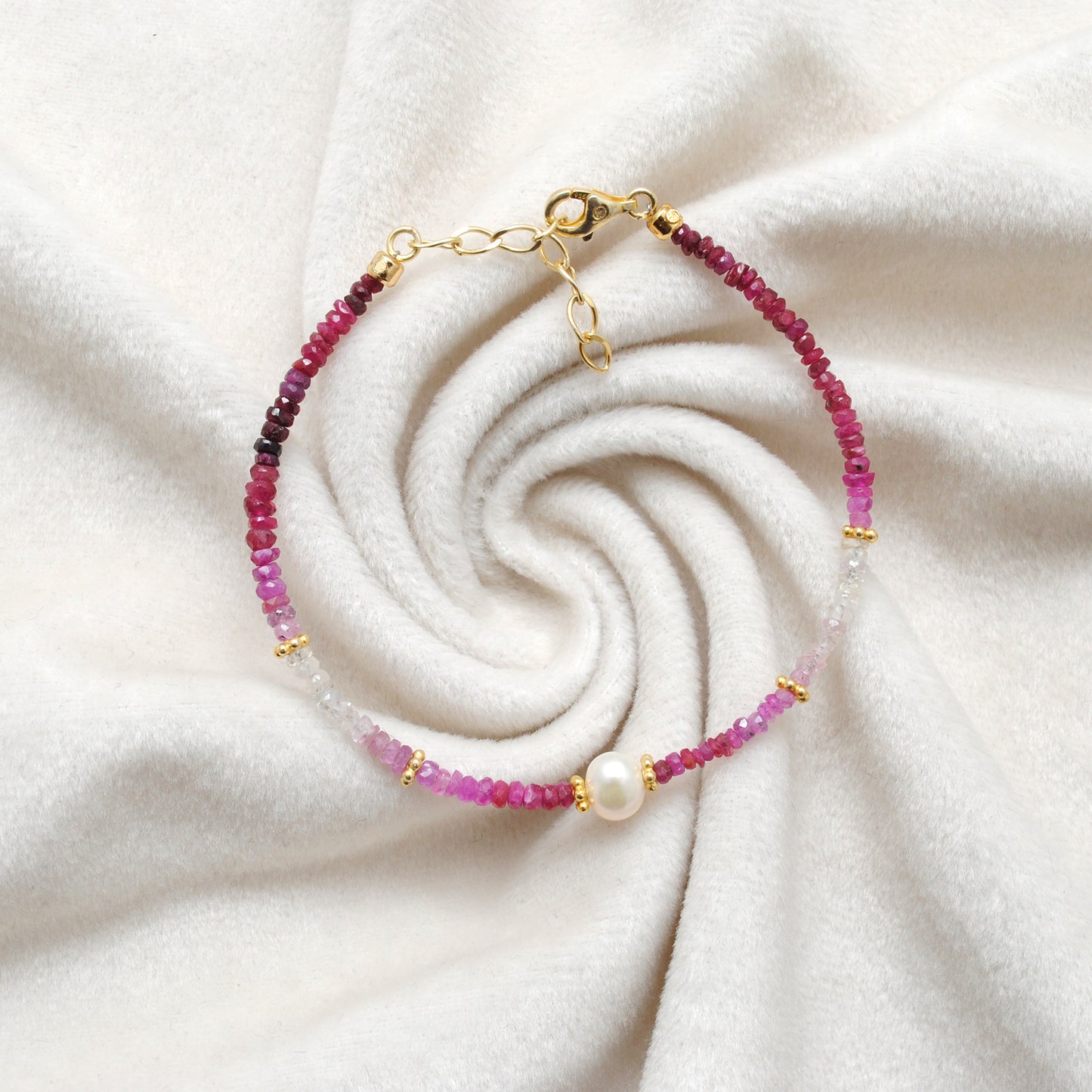 Ombre Ruby & Pearl Birthstone Stacking Bracelet – Sterling Silver Gold Plated