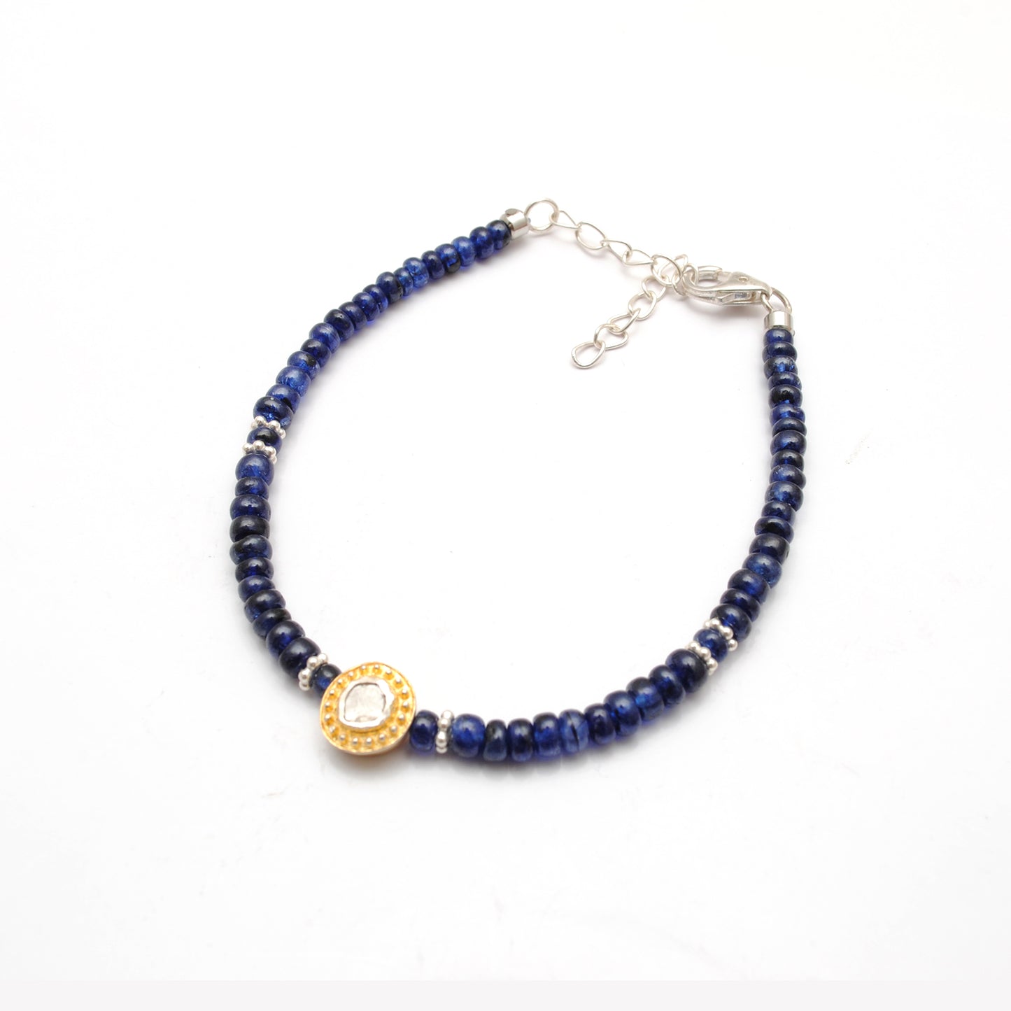 4mm Blue Sapphire and Diamond Bead Bracelet – Handmade Sterling Silver Jewelry