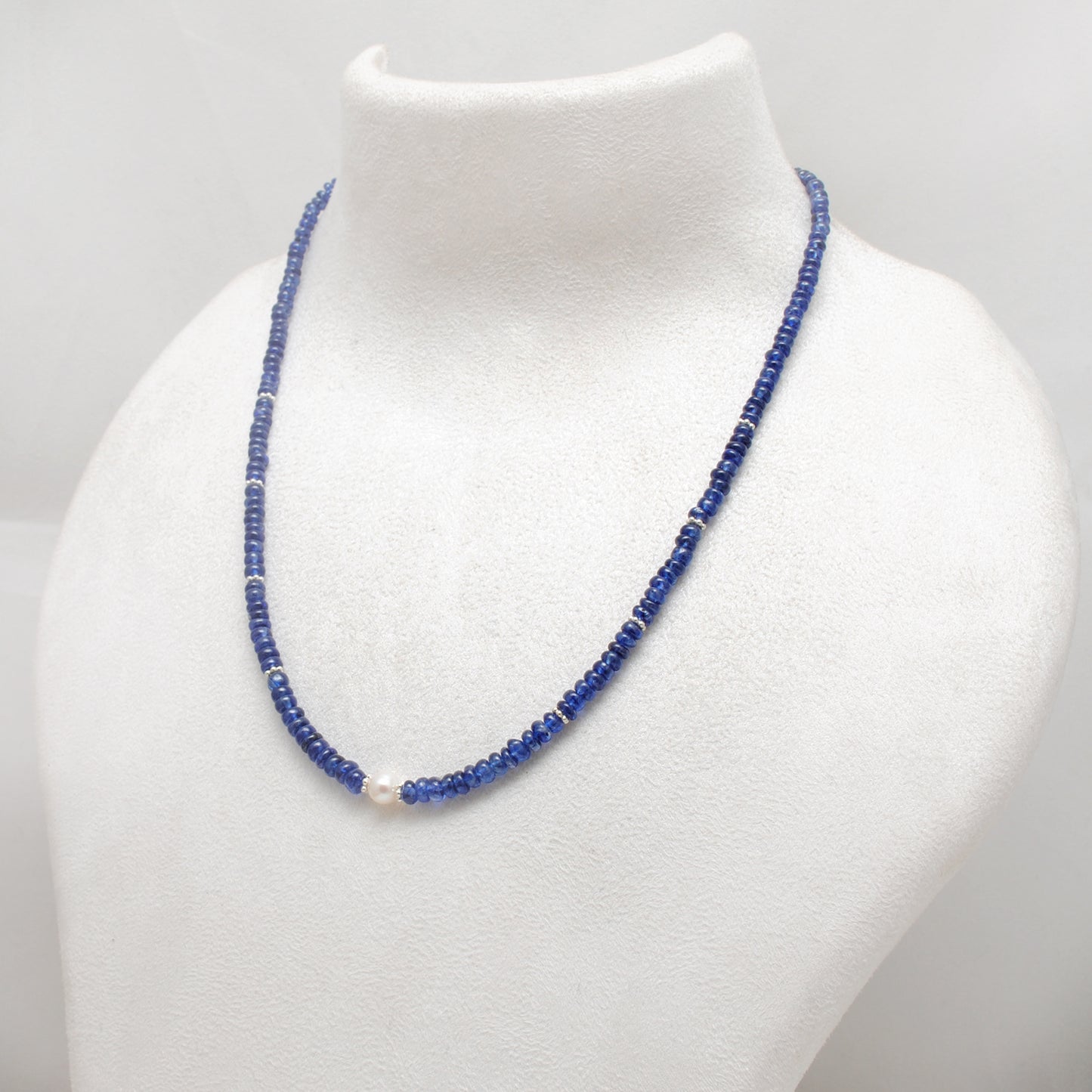 Genuine Blue Sapphire 5mm Faceted Beads With Pearl Necklace