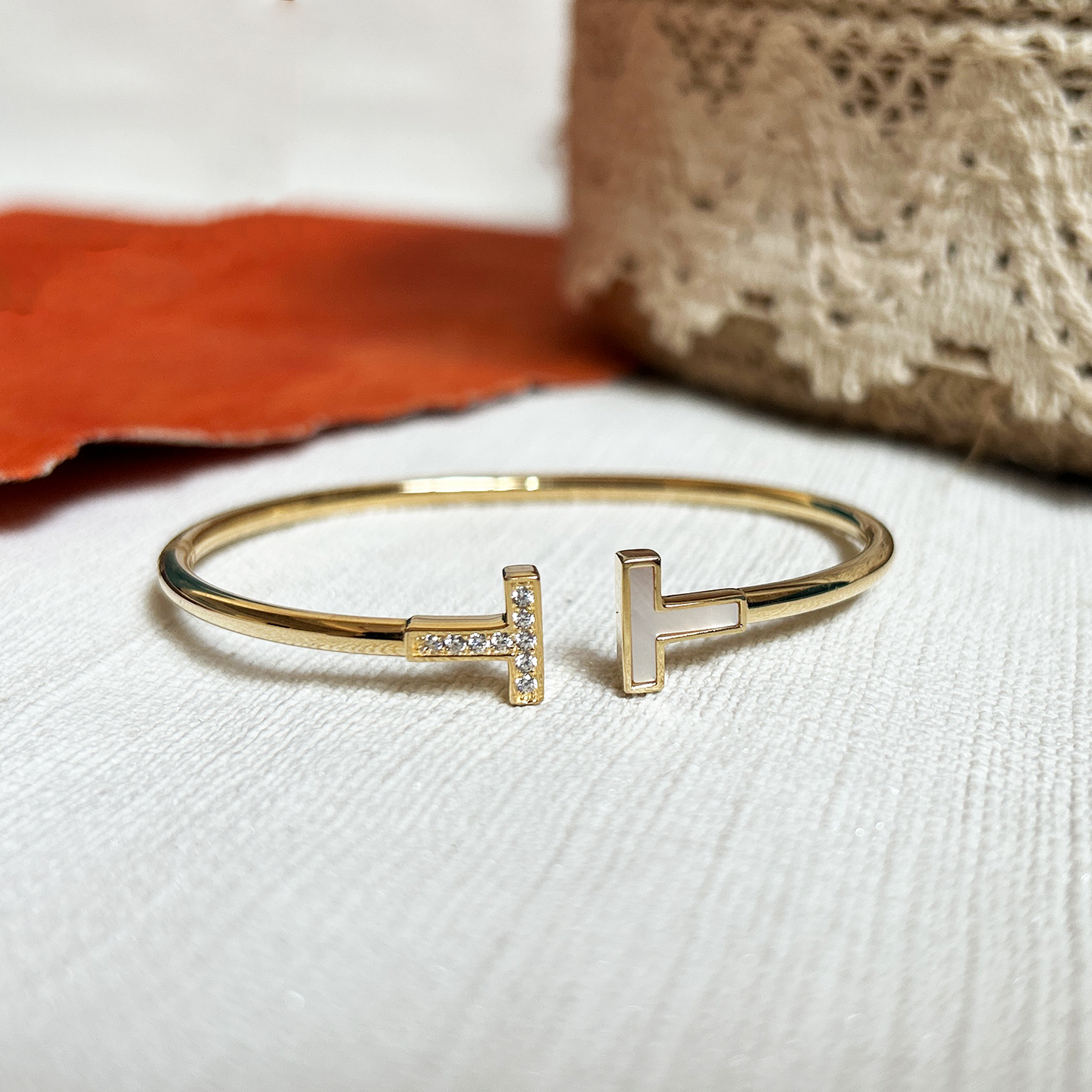 Asymmetric T-Motif Gold Plated Open Cuff Bangle