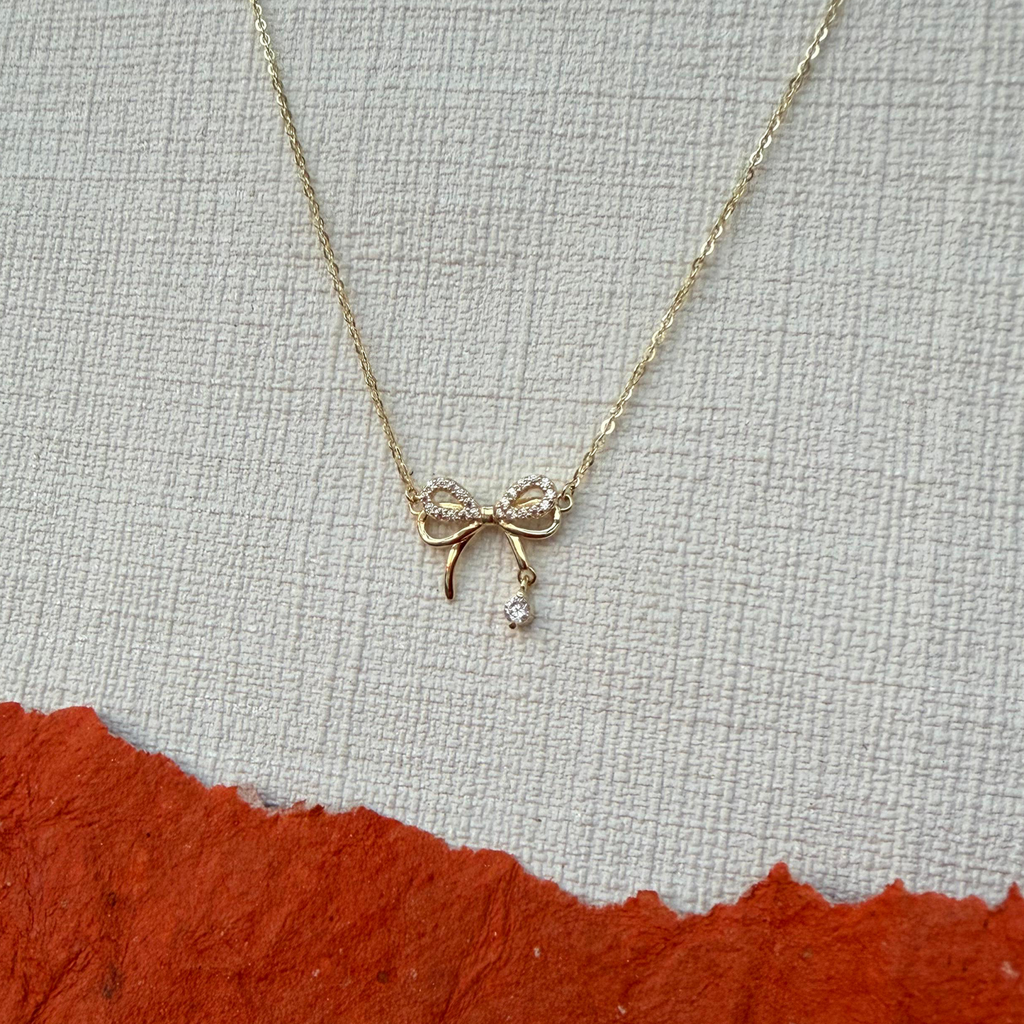 Crystal Bow Charm Gold Necklace