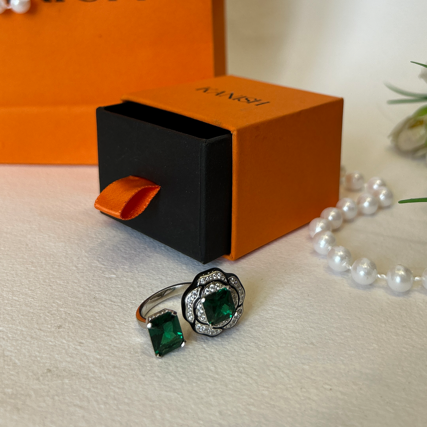 Emerald Green Stone Flower Bypass Sterling Silver Ring