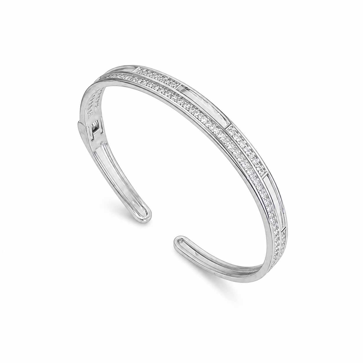 Luminous White Inlay and Pave Silver Cuff with Matching Band