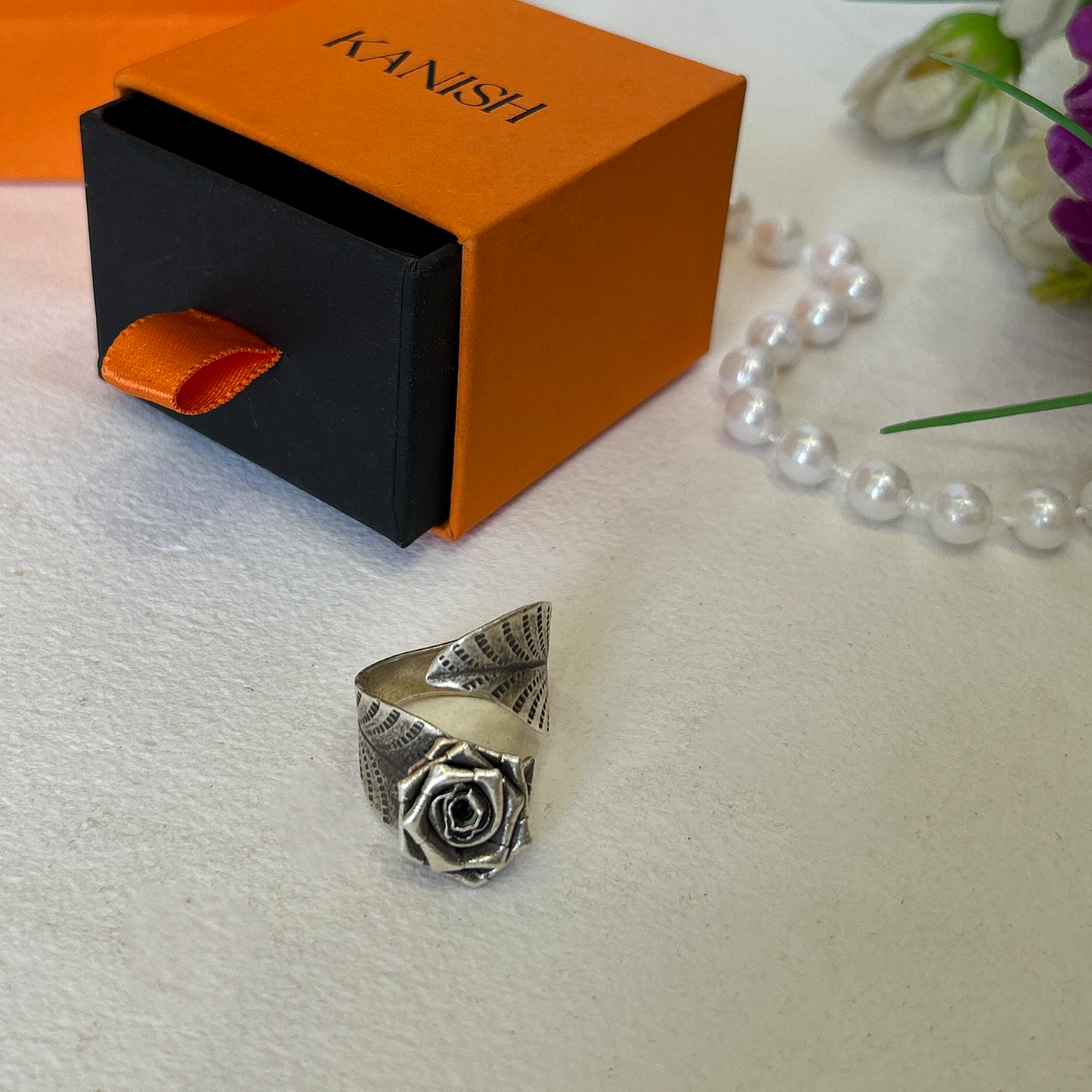Oxidised Silver Rose And Leaf Wrap Ring