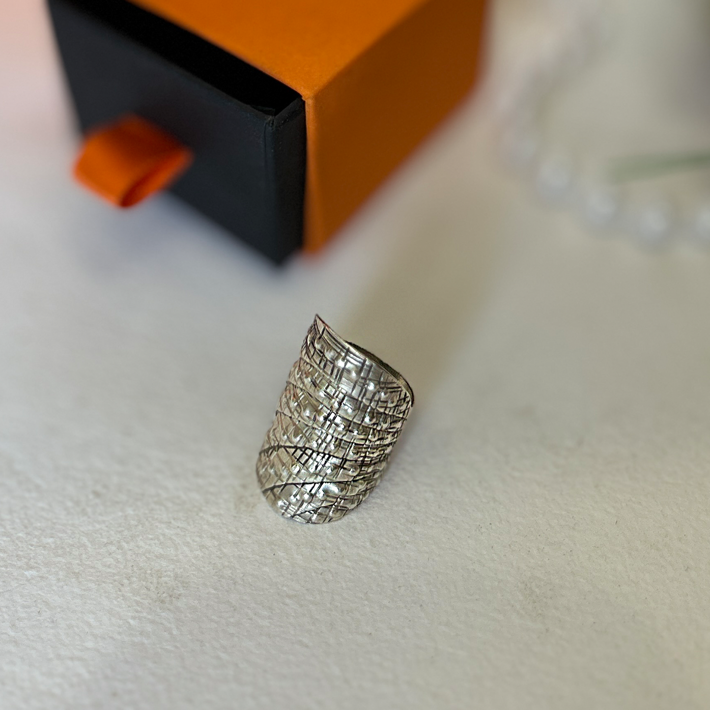Oxidised Textured Wide Band Silver Statement Ring