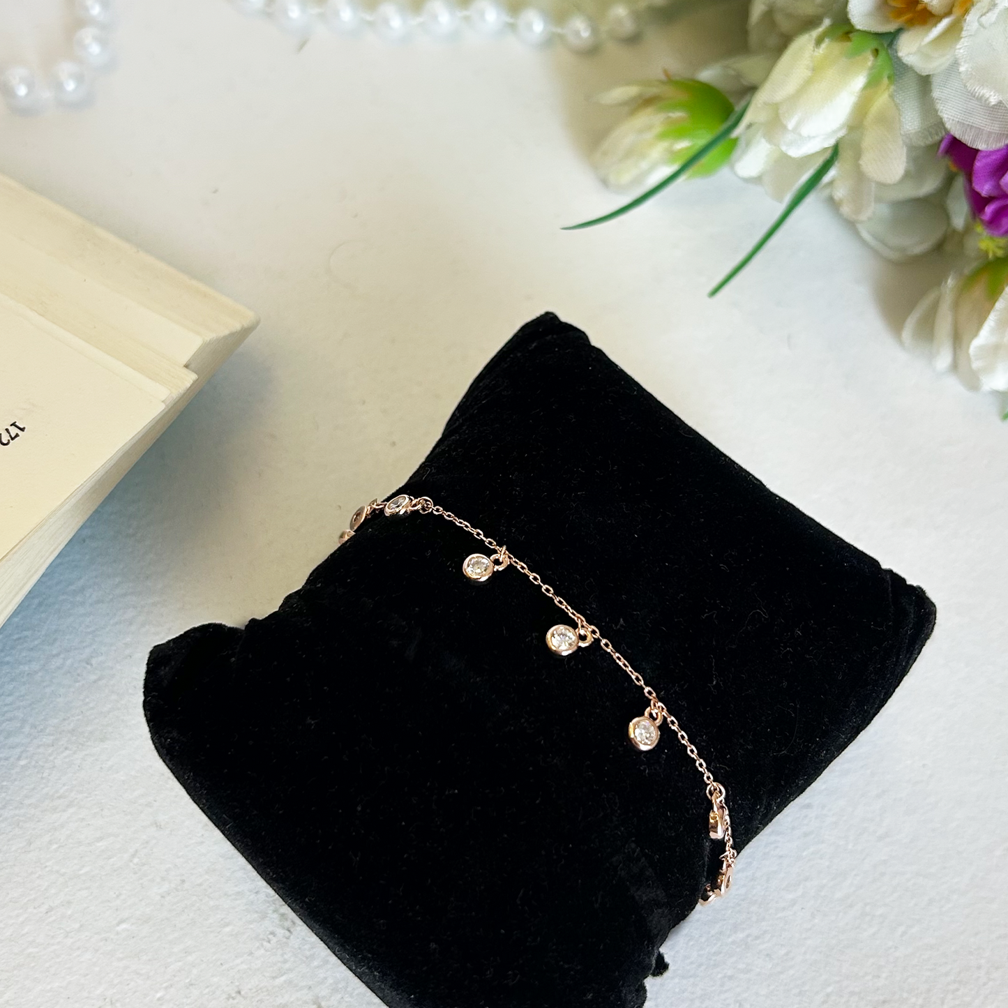 Rose Gold Bezel Set Clear Cz Droplet Charm Bracelet