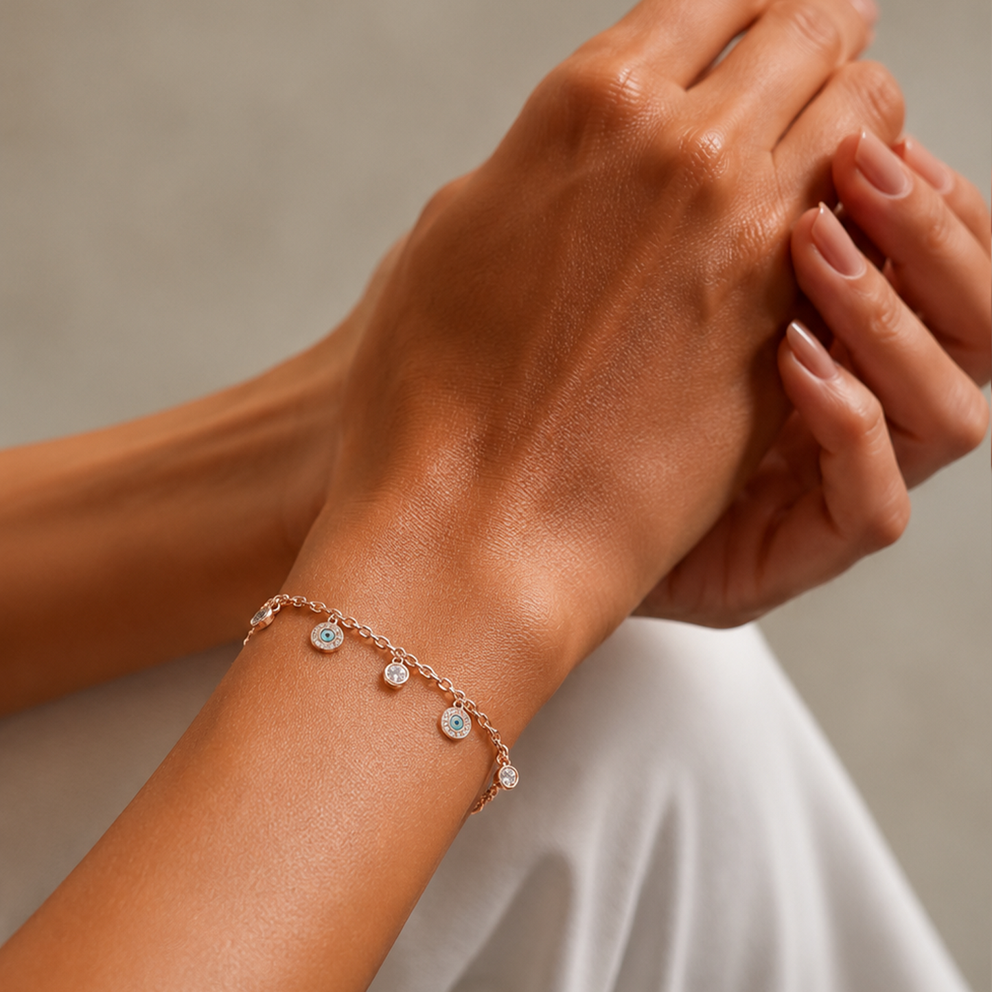 Rose Gold Evil Eye Cz Charm Dangle Bracelet
