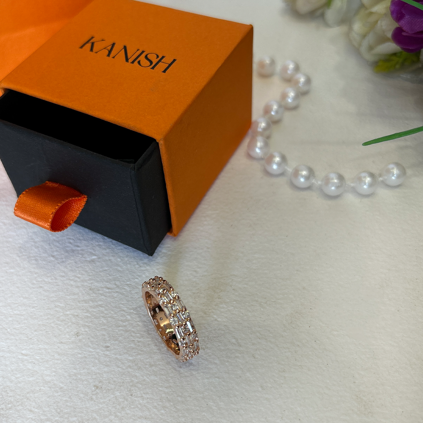 Rose Gold Plated Baguette Cz Ring With Pave Border