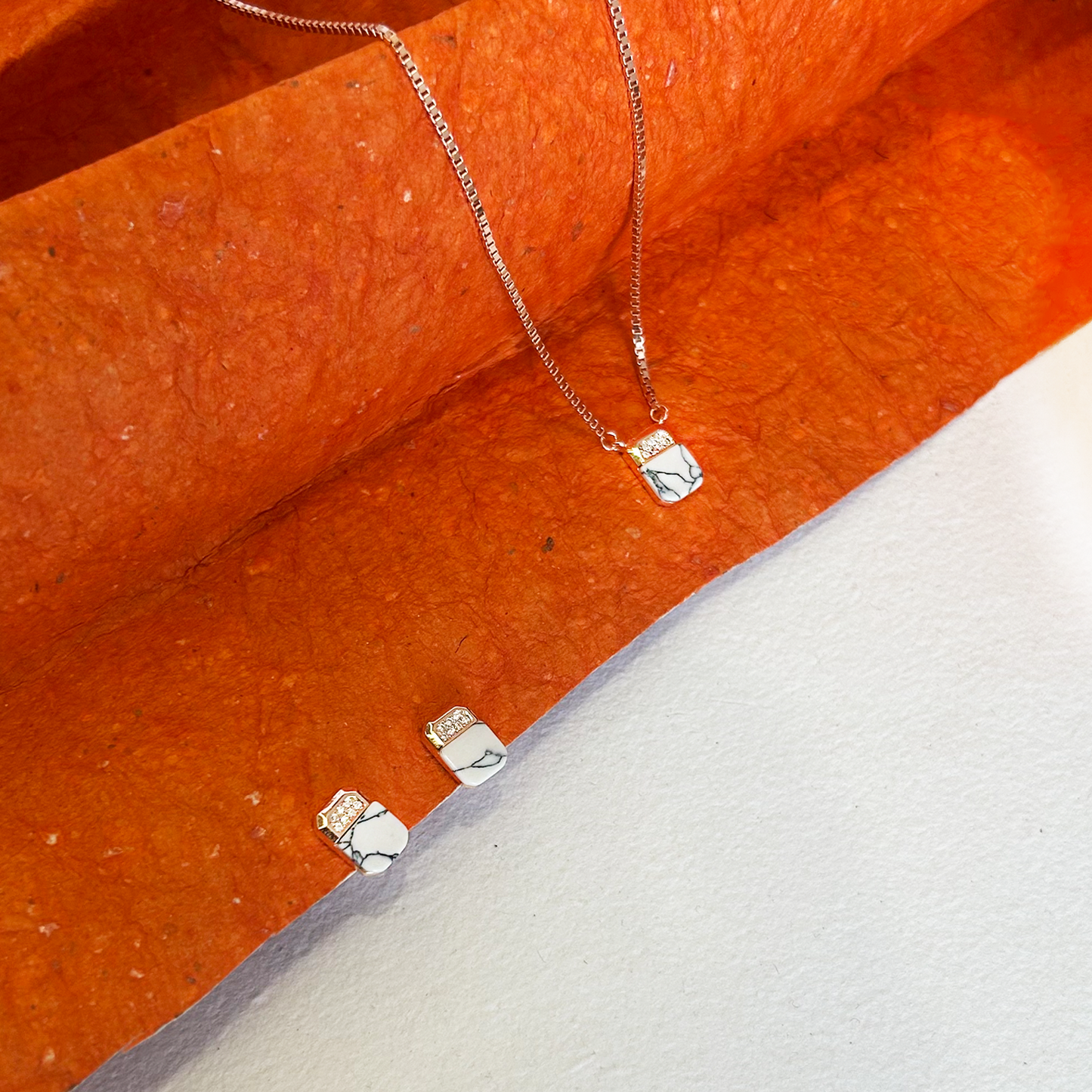 Rose Gold White Howlite Marble Pendant and Earring Set