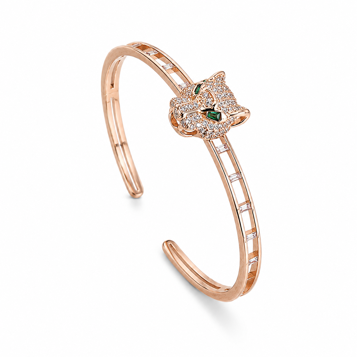 Sculpted Panther Head Rose Gold Open Cuff Bangle