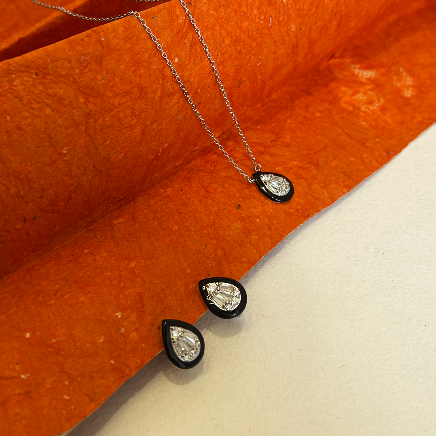 Silver Enamel Teardrop Necklace Bracelet Earring and Ring Set