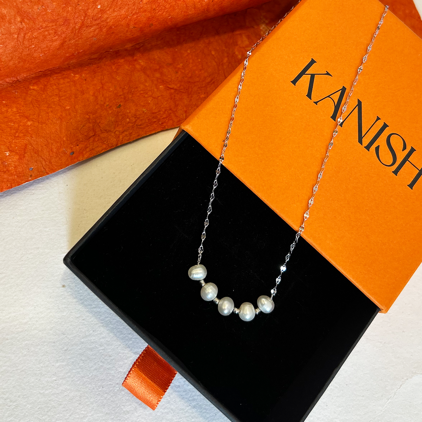 Silver Five Pearl Station Smile Arch Necklace
