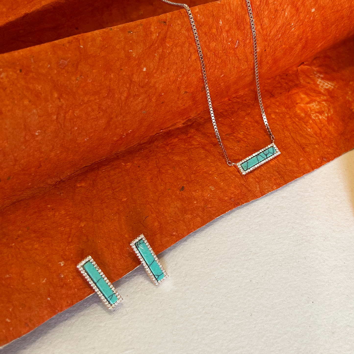 Silver Rectangular Turquoise Bar Necklace and Earring Set
