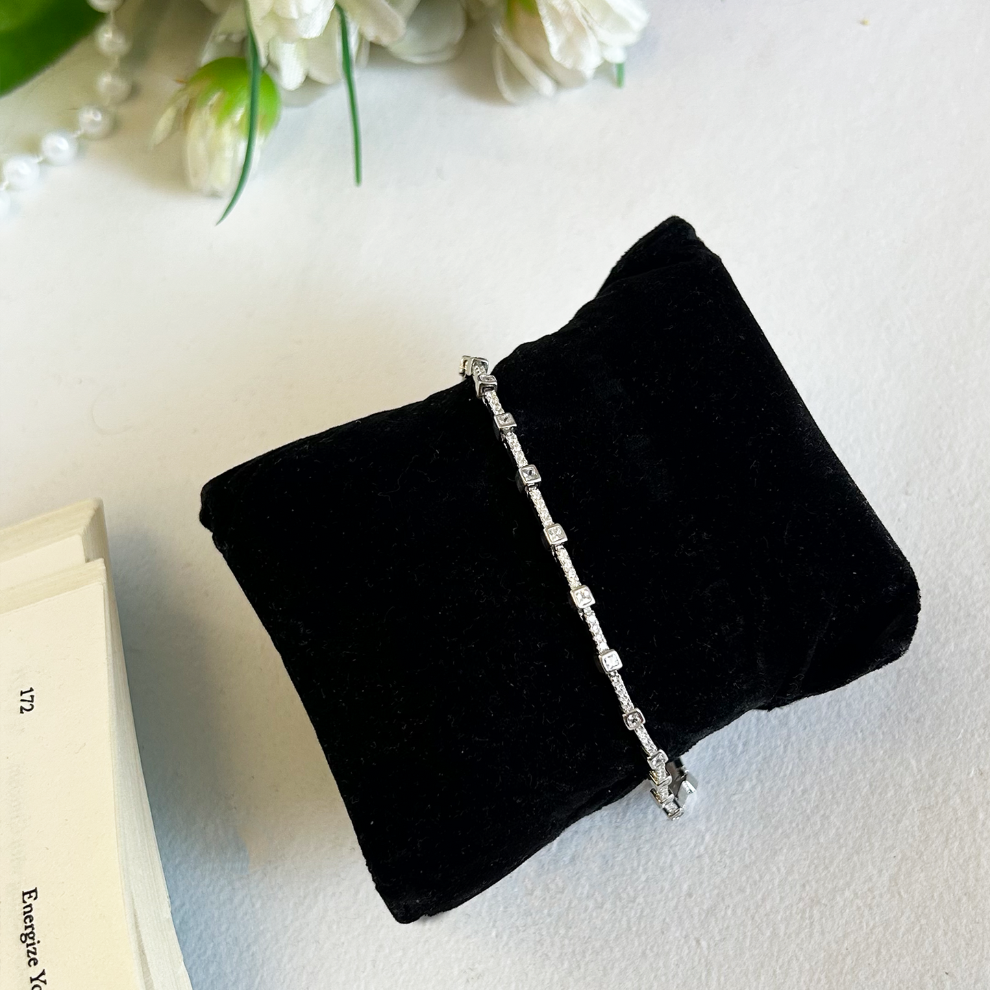 Square Motif and Pave Bar Cubic Zirconia Line Bracelet