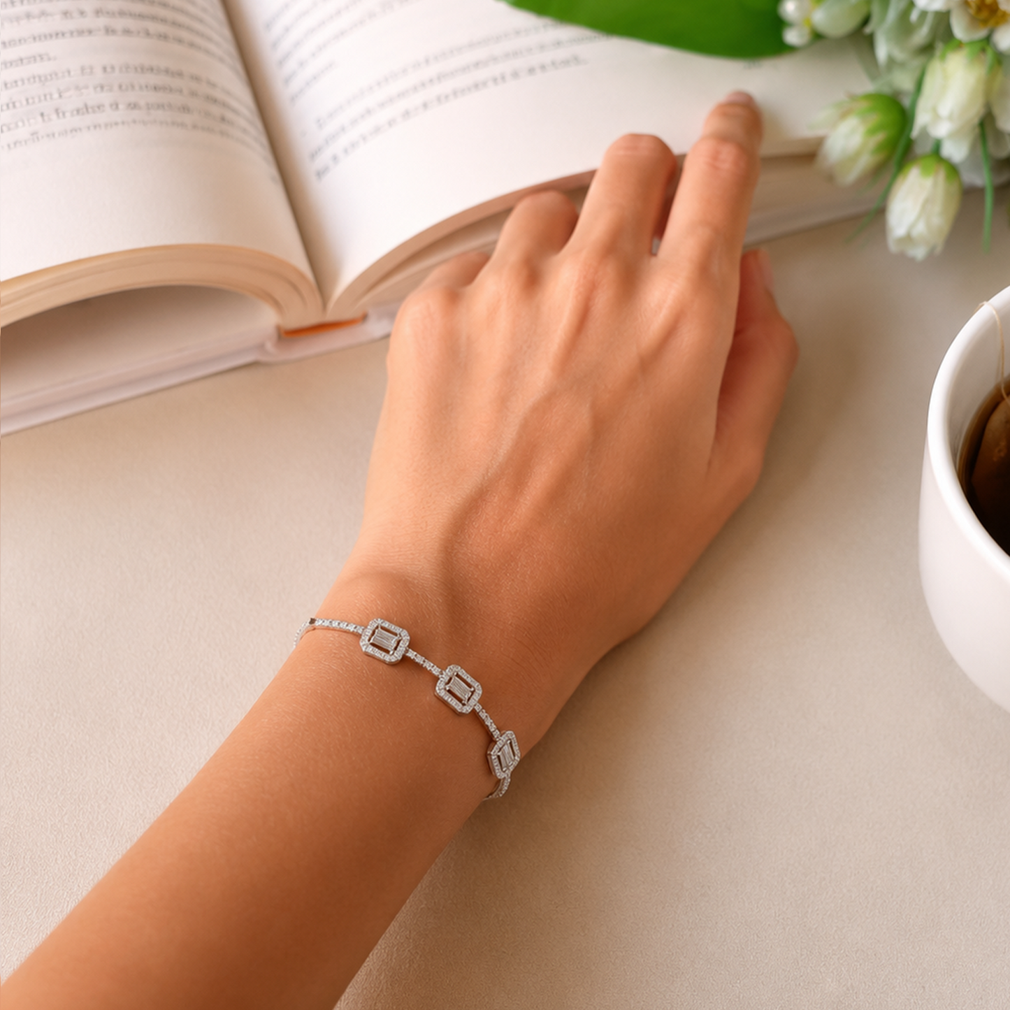 Triple Emerald-Cut Cz Halo Silver Link Bracelet