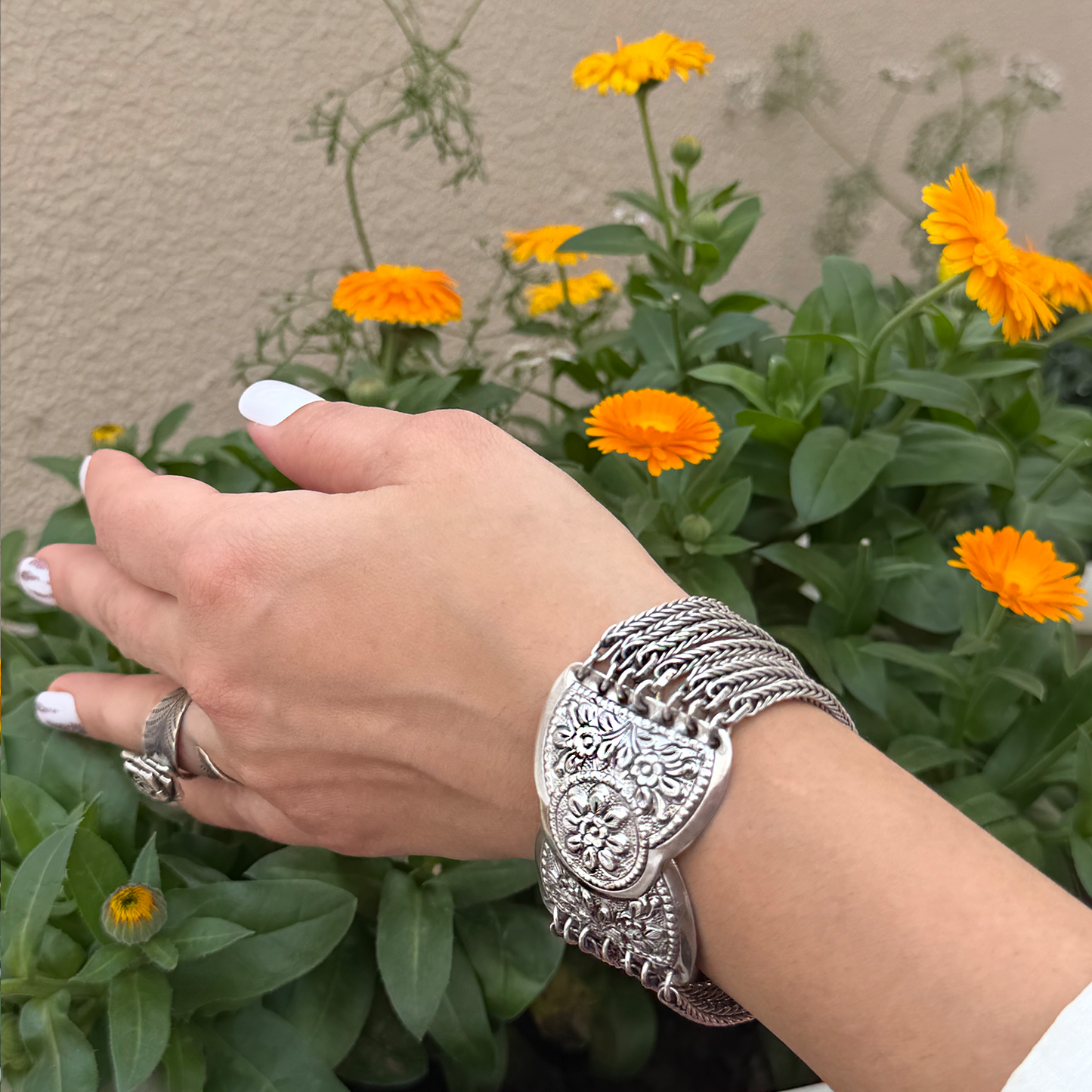 Vintage Bohemian Antiqued Silver Floral End Cap Cuff
