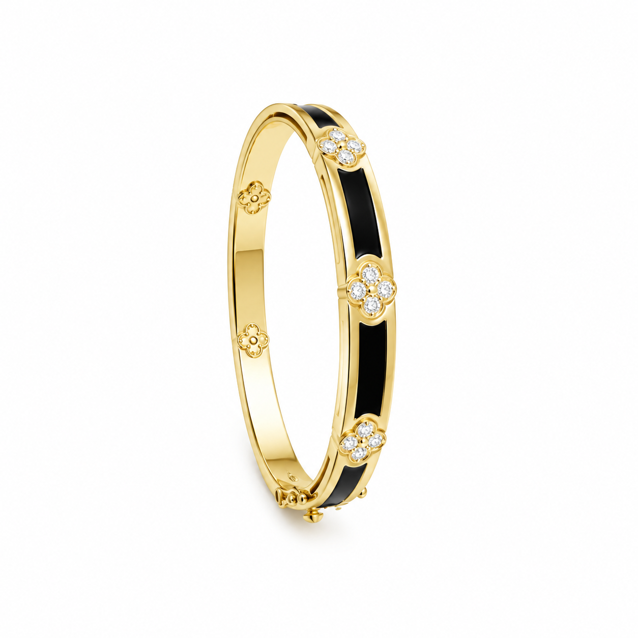 Clover Motif Cz Pave Gold Plated Black Enamel Bracelet