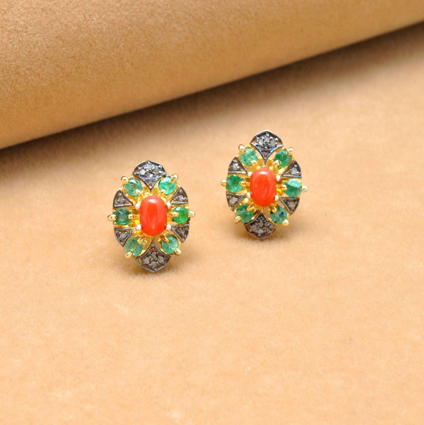 Coral Emerald & Pave Diamond Stud Earrings Kanish