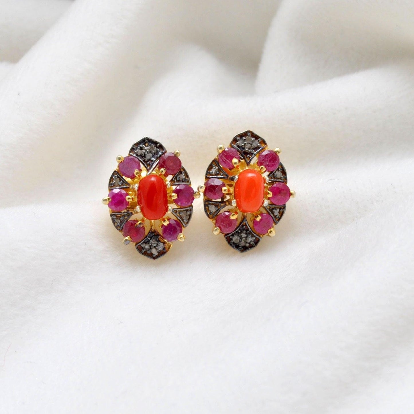 Victorian Coral with Ruby Pave Diamond Stud Earring Kanish