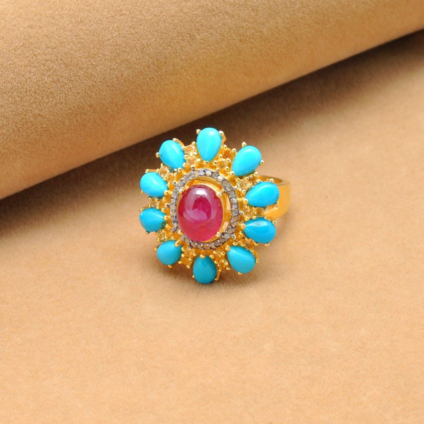 Victorian Ruby with Turquoise Silver Diamond Ring Size 7 Kanish