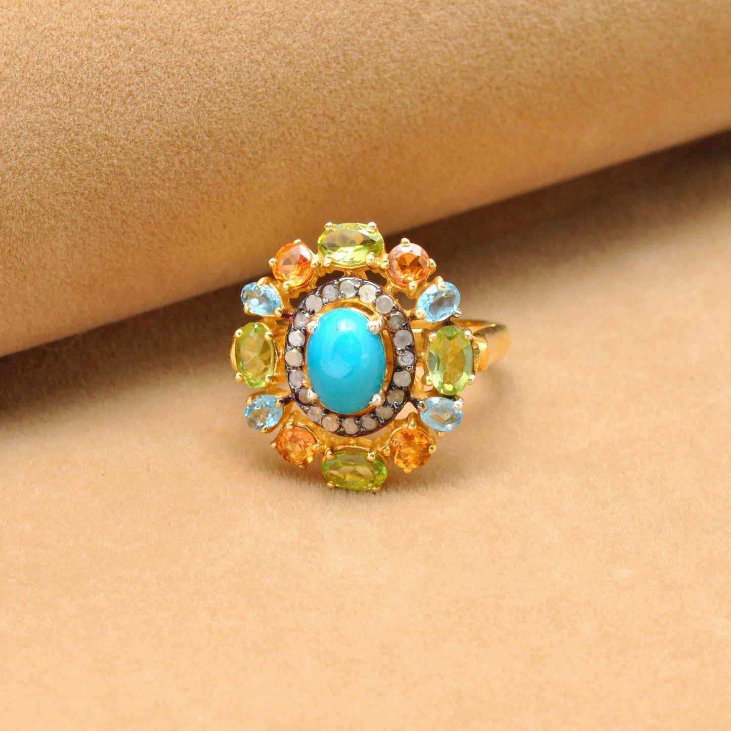 Multi Gemstone Diamond 18k Gold Plated Turquoise Victorian Rings Kanish