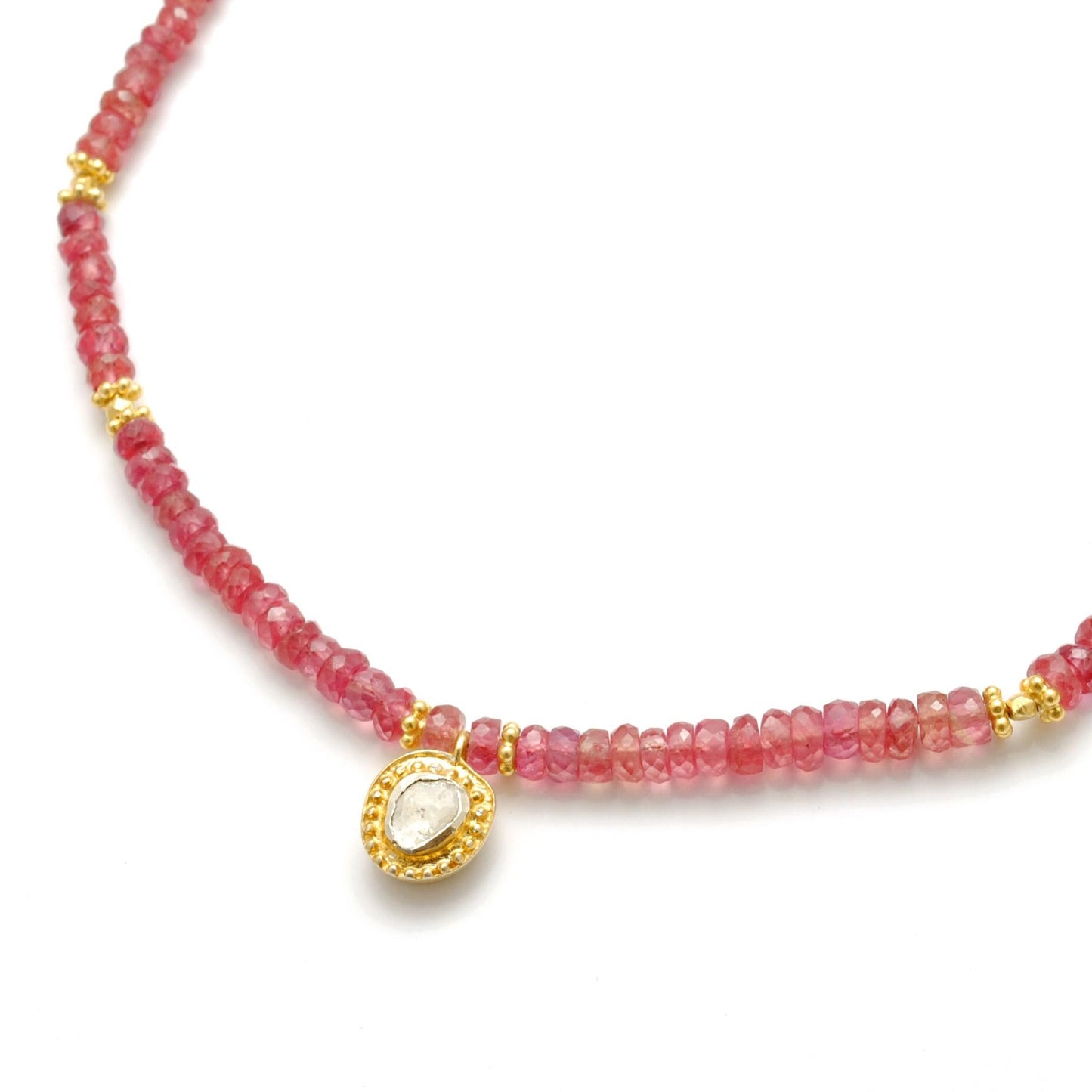 Ruby beaded choker necklace with gold-plated sterling silver diamond pendant and rich red gemstone beads
