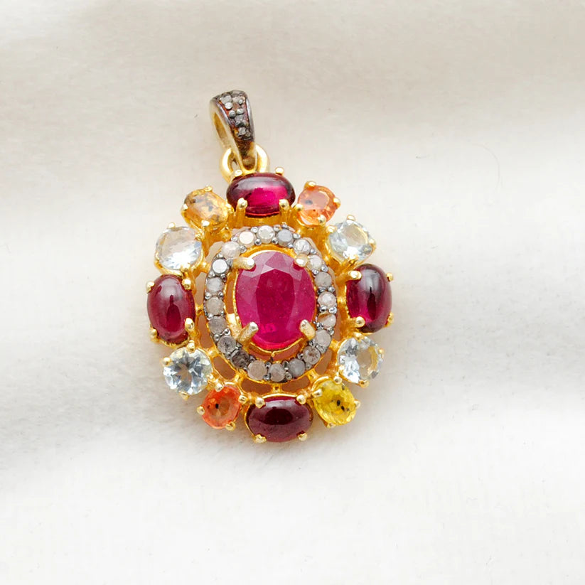Elegant 925 sterling silver pendant featuring sparkling pave-set diamonds and an array of colorful multi-gemstones in a luxurious design