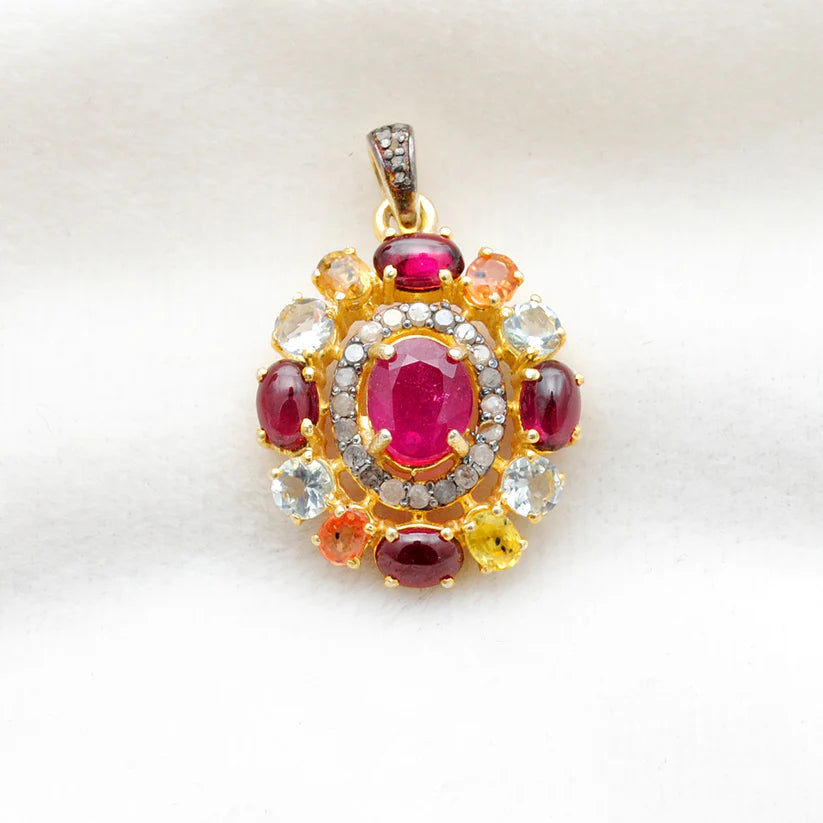 Elegant 925 sterling silver pendant featuring sparkling pave-set diamonds and an array of colorful multi-gemstones in a luxurious design