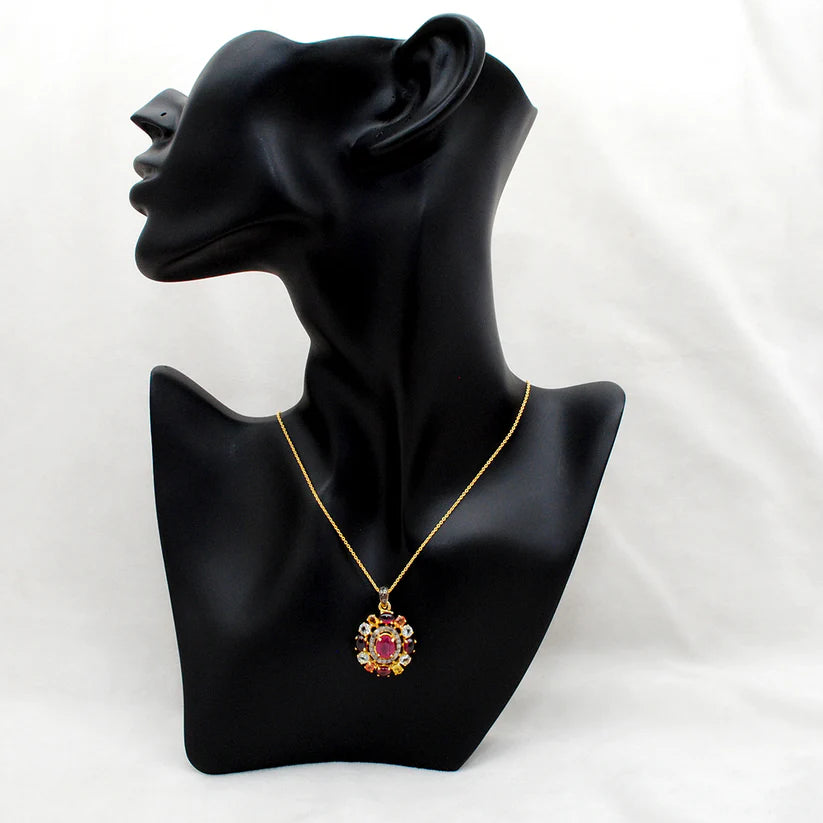 Elegant 925 sterling silver pendant featuring sparkling pave-set diamonds and an array of colorful multi-gemstones in a luxurious design