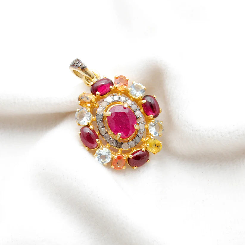 Elegant 925 sterling silver pendant featuring sparkling pave-set diamonds and an array of colorful multi-gemstones in a luxurious design