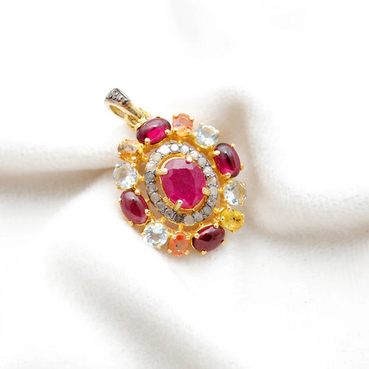 Elegant 925 sterling silver pendant featuring sparkling pave-set diamonds and an array of colorful multi-gemstones in a luxurious design