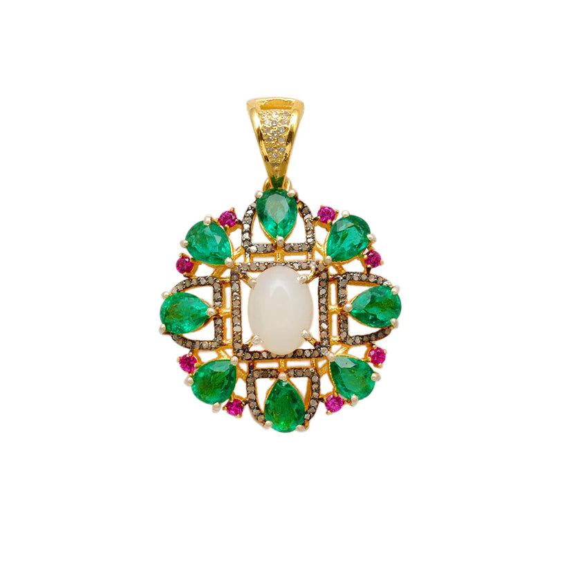 Sterling silver pendant adorned with pave-set diamonds and assorted multi-colored gemstones in a sophisticated and eye-catching design