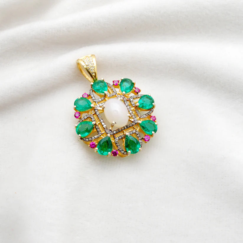 Sterling silver pendant adorned with pave-set diamonds and assorted multi-colored gemstones in a sophisticated and eye-catching design