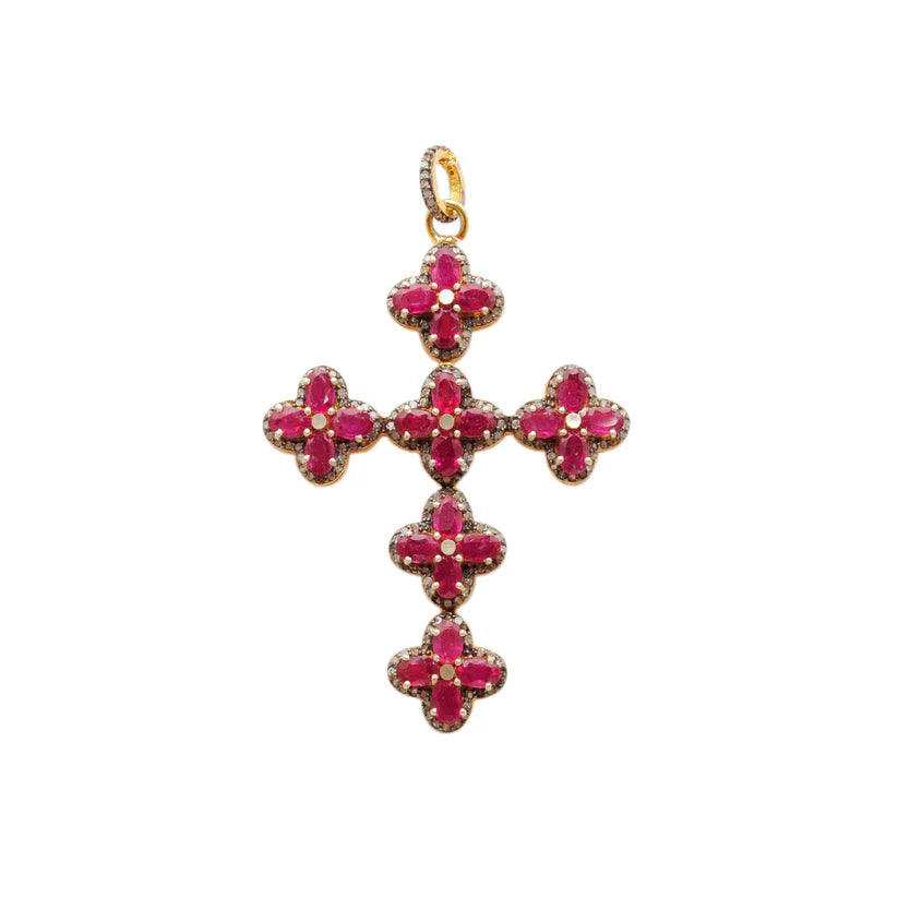 Gold-plated sterling silver pendant featuring a vivid ruby centerpiece surrounded by sparkling pavé-set diamonds in an elegant design