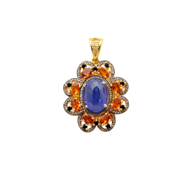 Gold-plated sterling silver pendant featuring tanzanite, sapphire, and black spinel gemstones accented with shimmering pavé-set diamonds in a luxurious design
