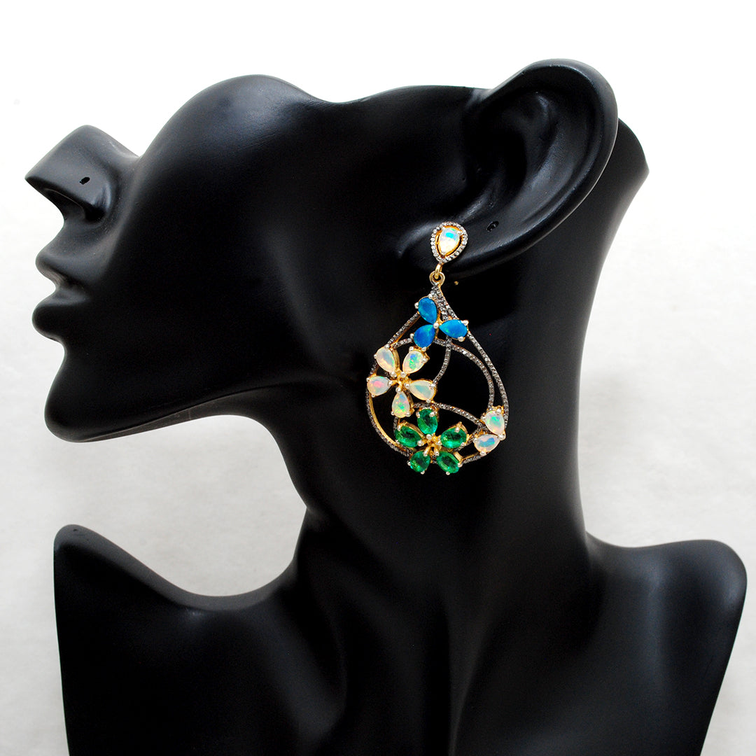 925 sterling silver opal and emerald dangle earrings with pave diamond accents – elegant gemstone drop earrings for women