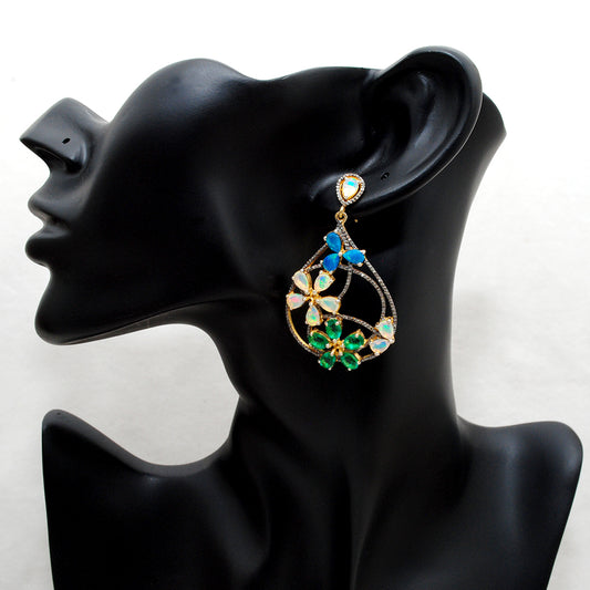 925 sterling silver opal and emerald dangle earrings with pave diamond accents – elegant gemstone drop earrings for women