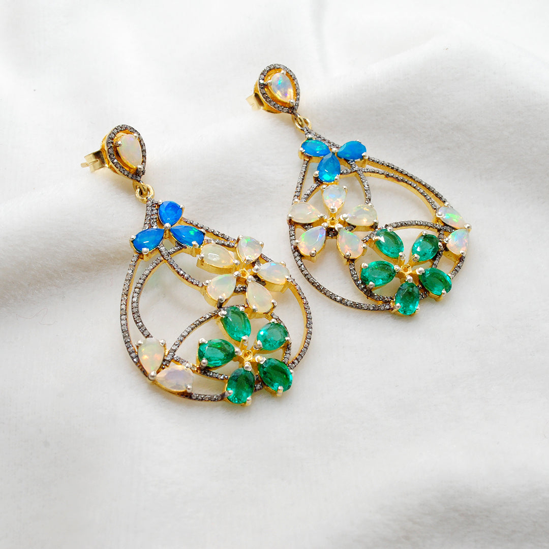 925 sterling silver opal and emerald dangle earrings with pave diamond accents – elegant gemstone drop earrings for women
