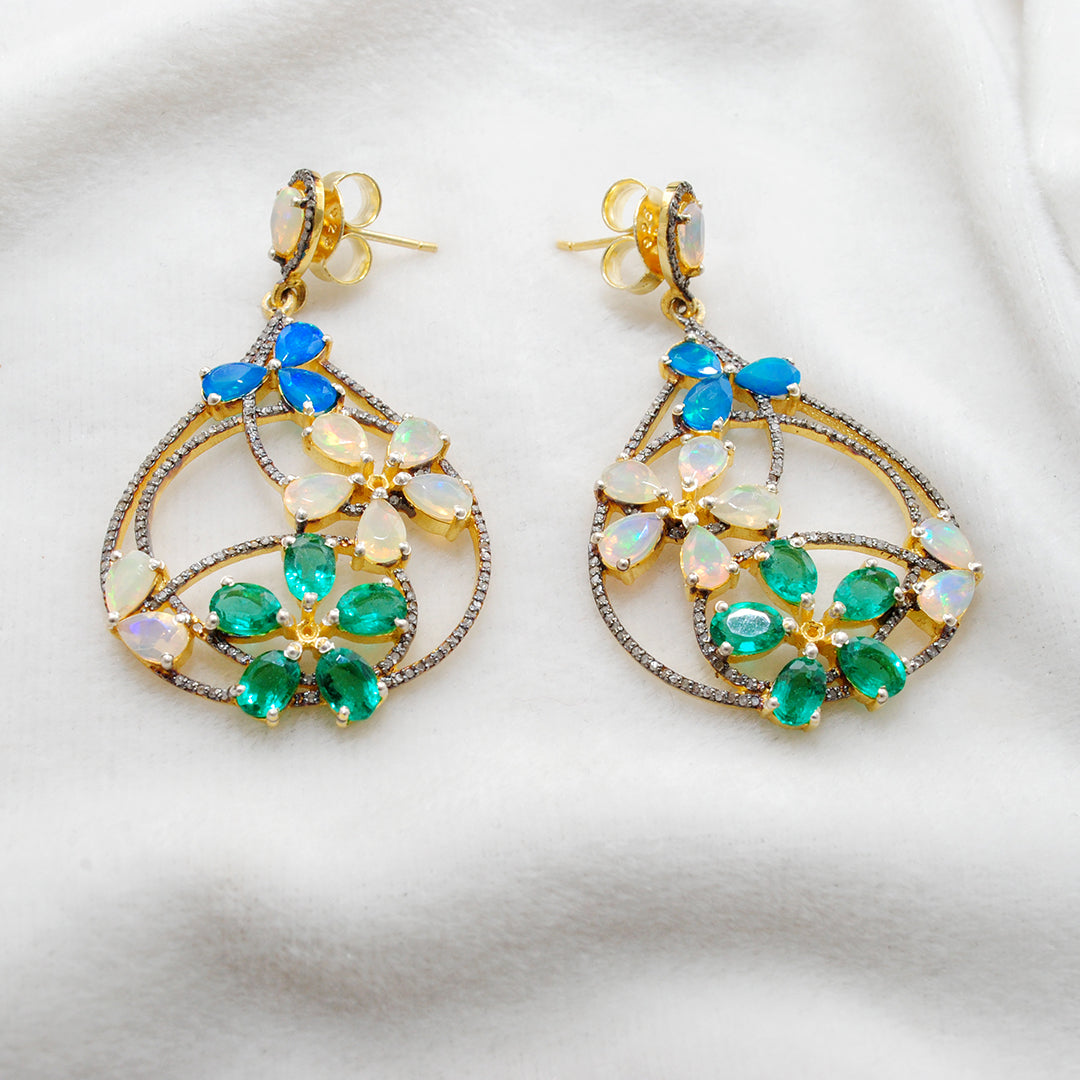 925 sterling silver opal and emerald dangle earrings with pave diamond accents – elegant gemstone drop earrings for women