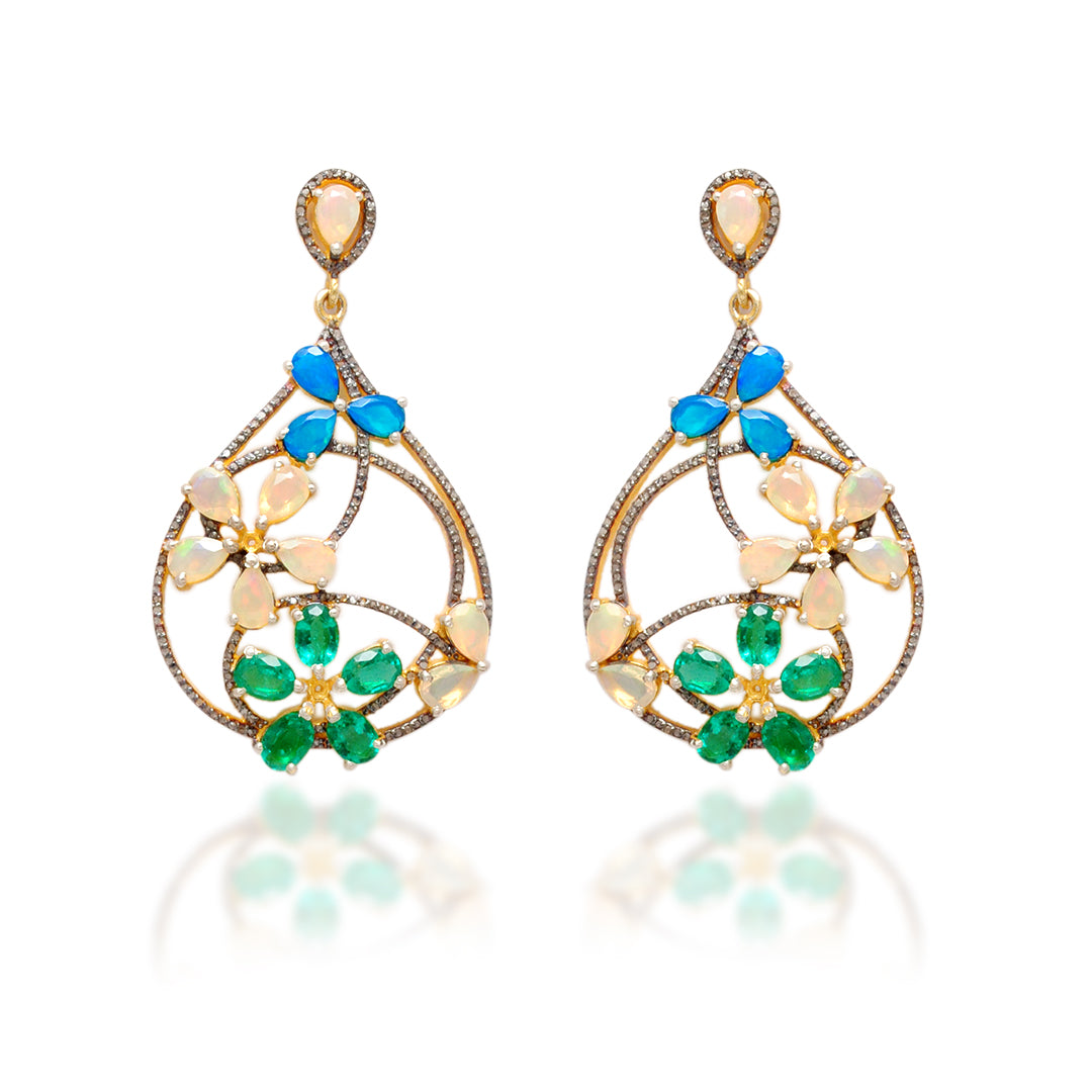 925 sterling silver opal and emerald dangle earrings with pave diamond accents – elegant gemstone drop earrings for women