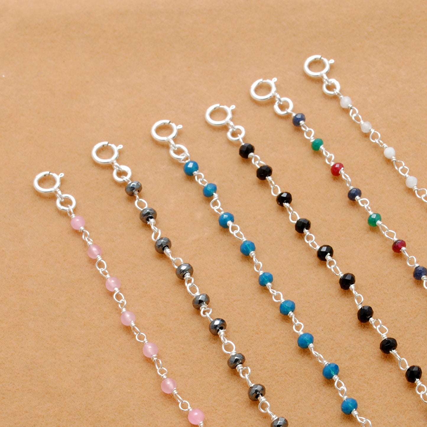 Sterling Silver Pink Quartz, Moonstone & Multi Gemstones Beaded Bracelet