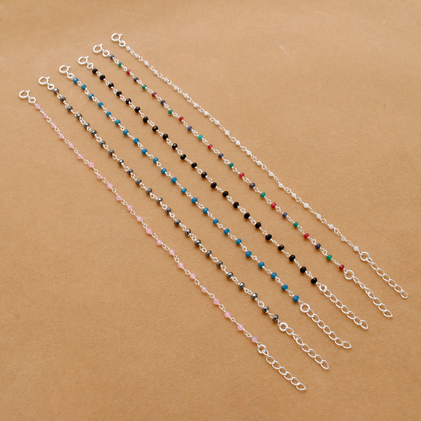 Sterling Silver Pink Quartz, Moonstone & Multi Gemstones Beaded Bracelet