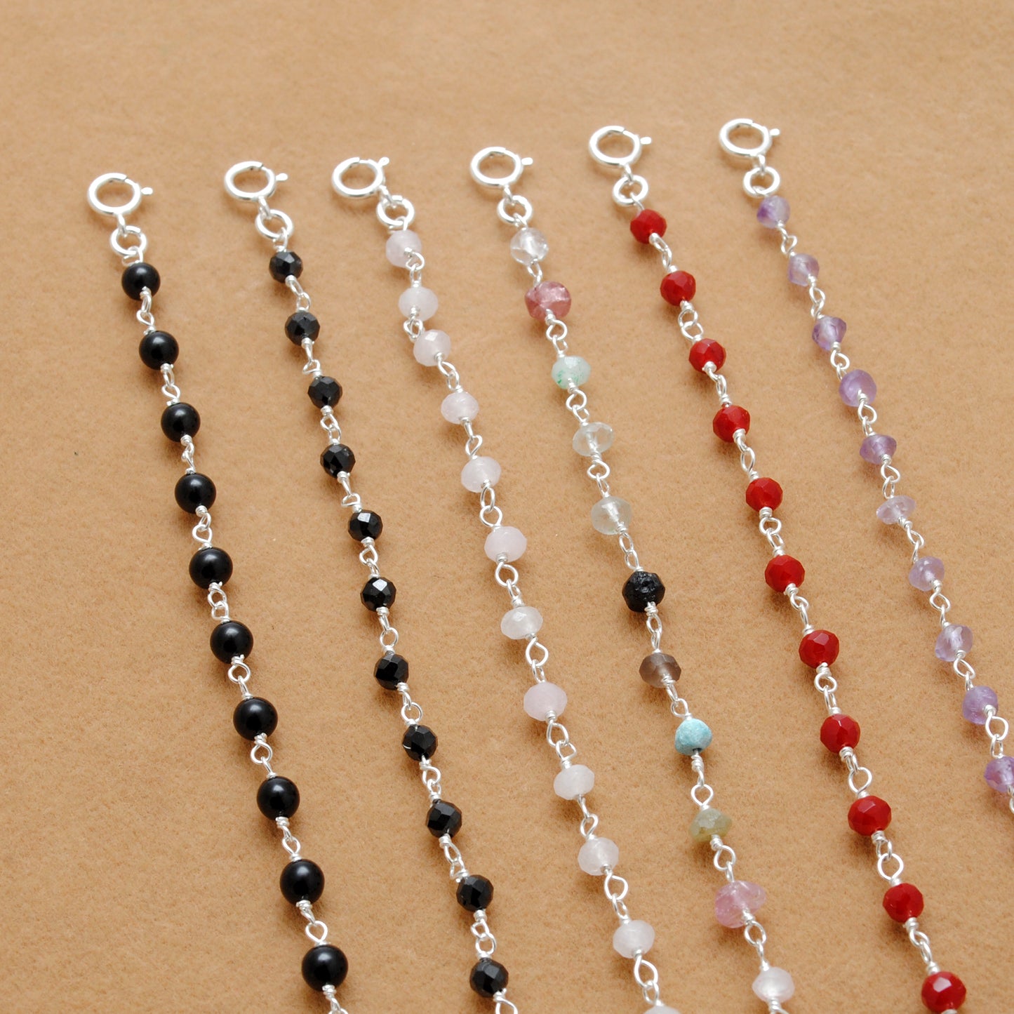 925 Sterling Silver Bracelet with Amethyst, Red Chalcedony, Black Onyx & Pink Quartz