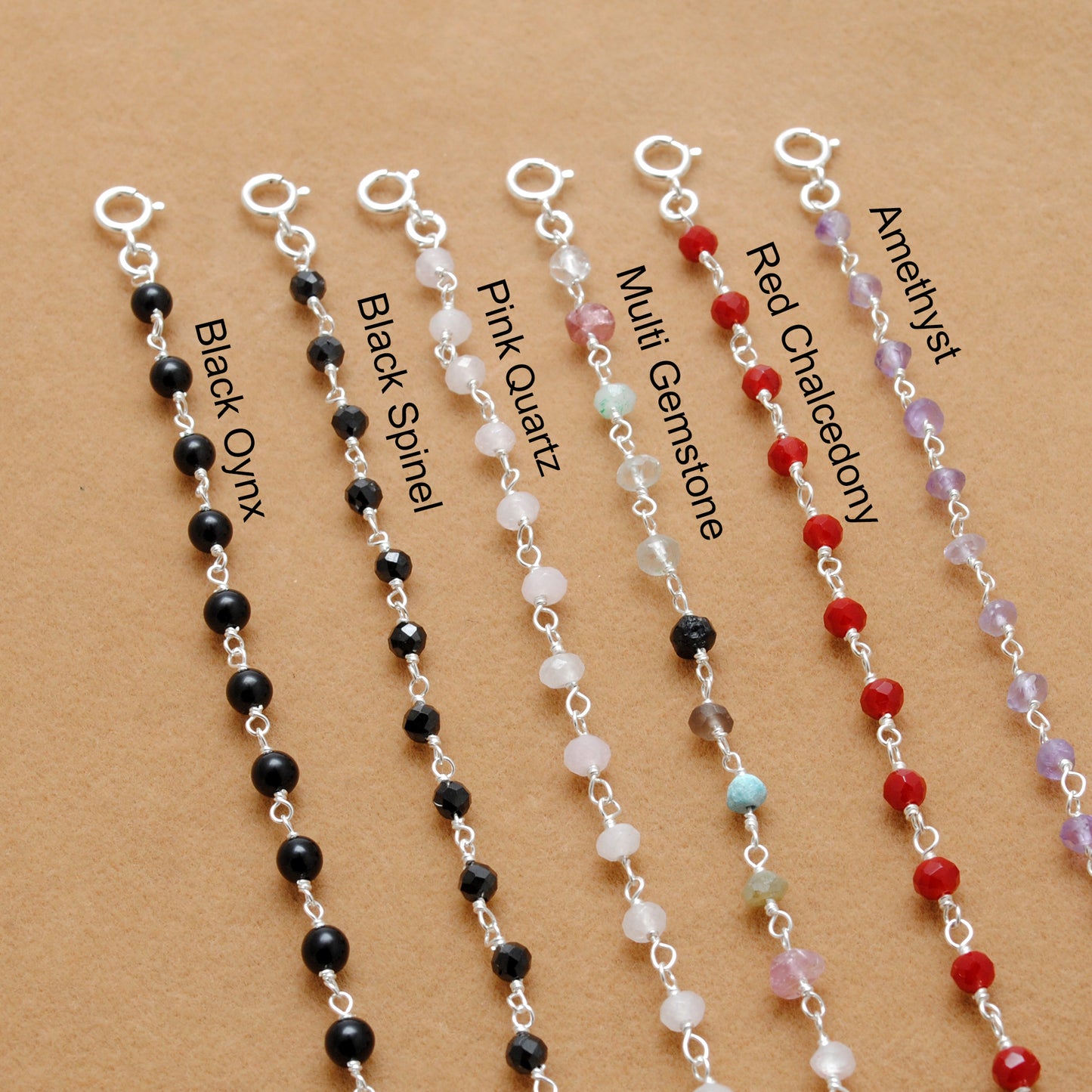 925 Sterling Silver Bracelet with Amethyst, Red Chalcedony, Black Onyx & Pink Quartz
