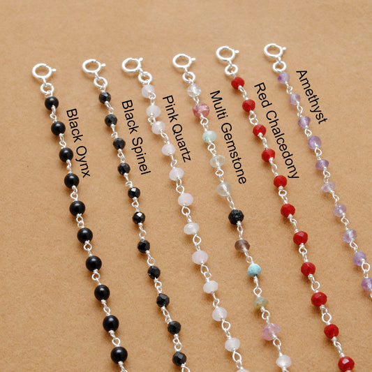 925 Sterling Silver Necklace with Amethyst, Red Chalcedony, Black Onyx & Pink Quartz