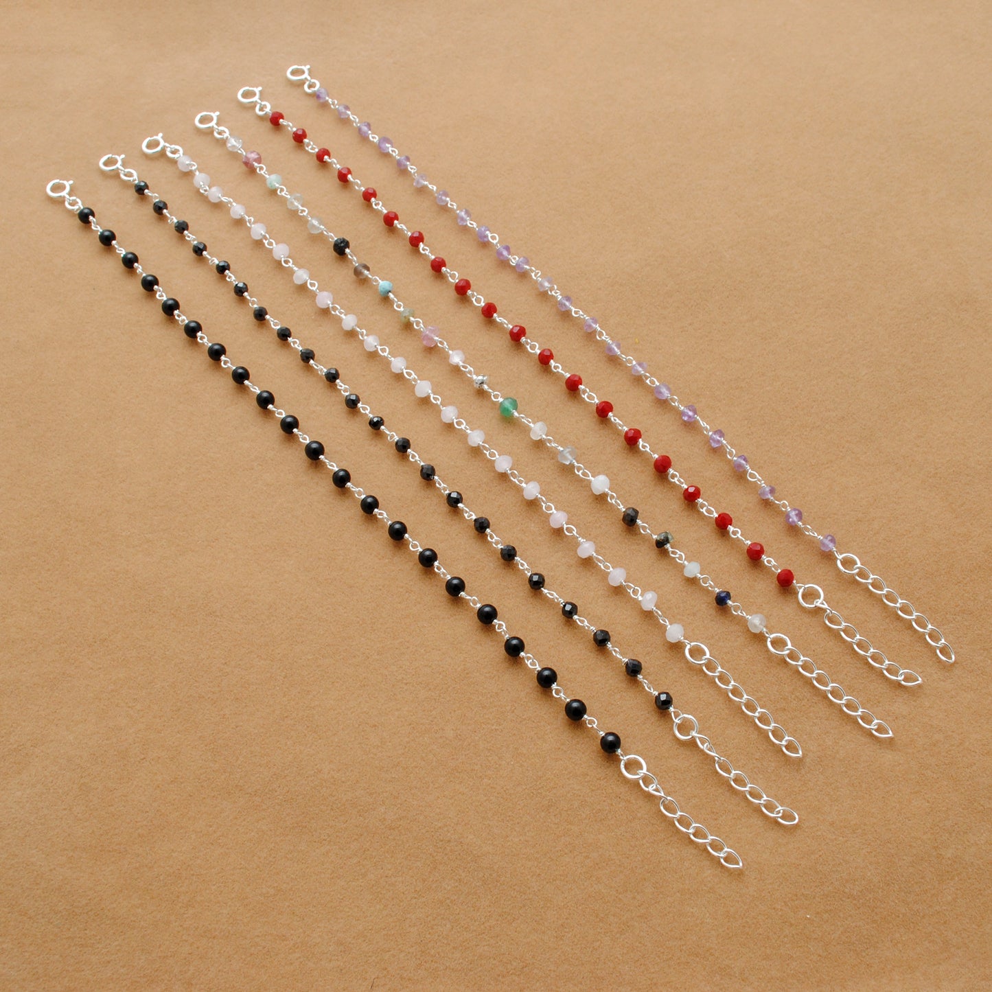925 Sterling Silver Bracelet with Amethyst, Red Chalcedony, Black Onyx & Pink Quartz
